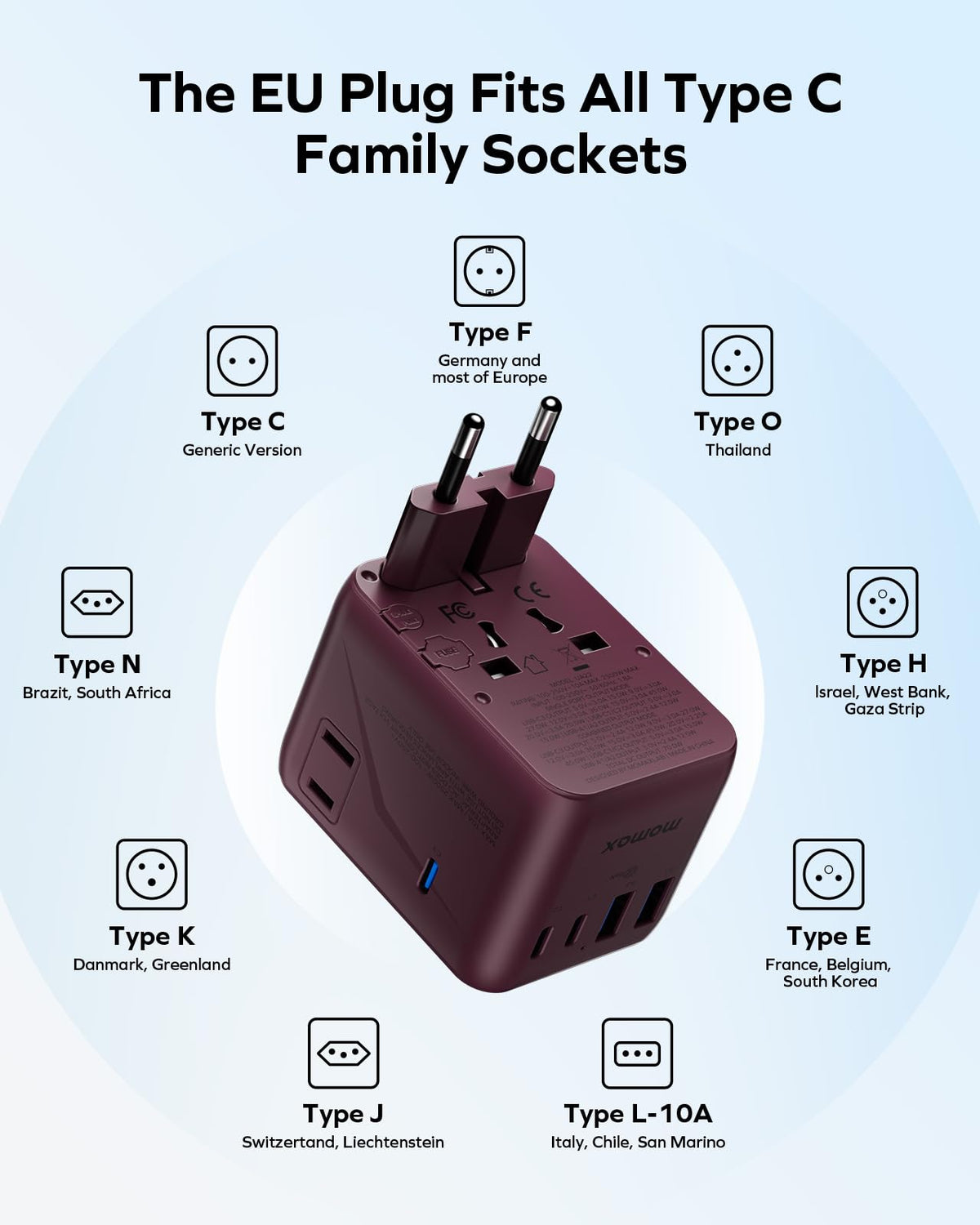 MOMAX Universal Travel Adapter 70W GaN, Travel Plug Adapter for UK/EU/AU/US