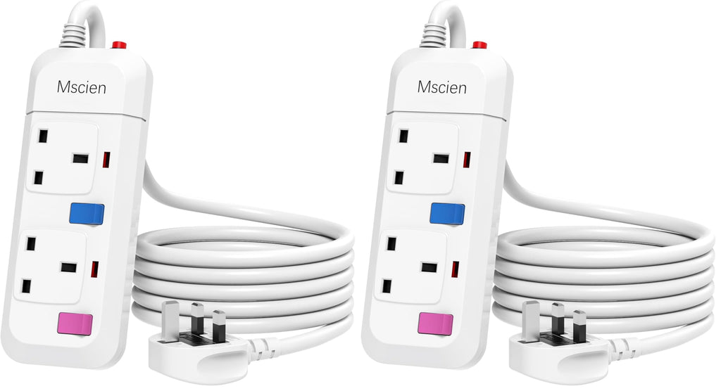 Mscien Extension Lead 2 Way Plug Sockets with Individual Switches Overload Protected Power Strip Wall Mountable 1.5M Extension Cable