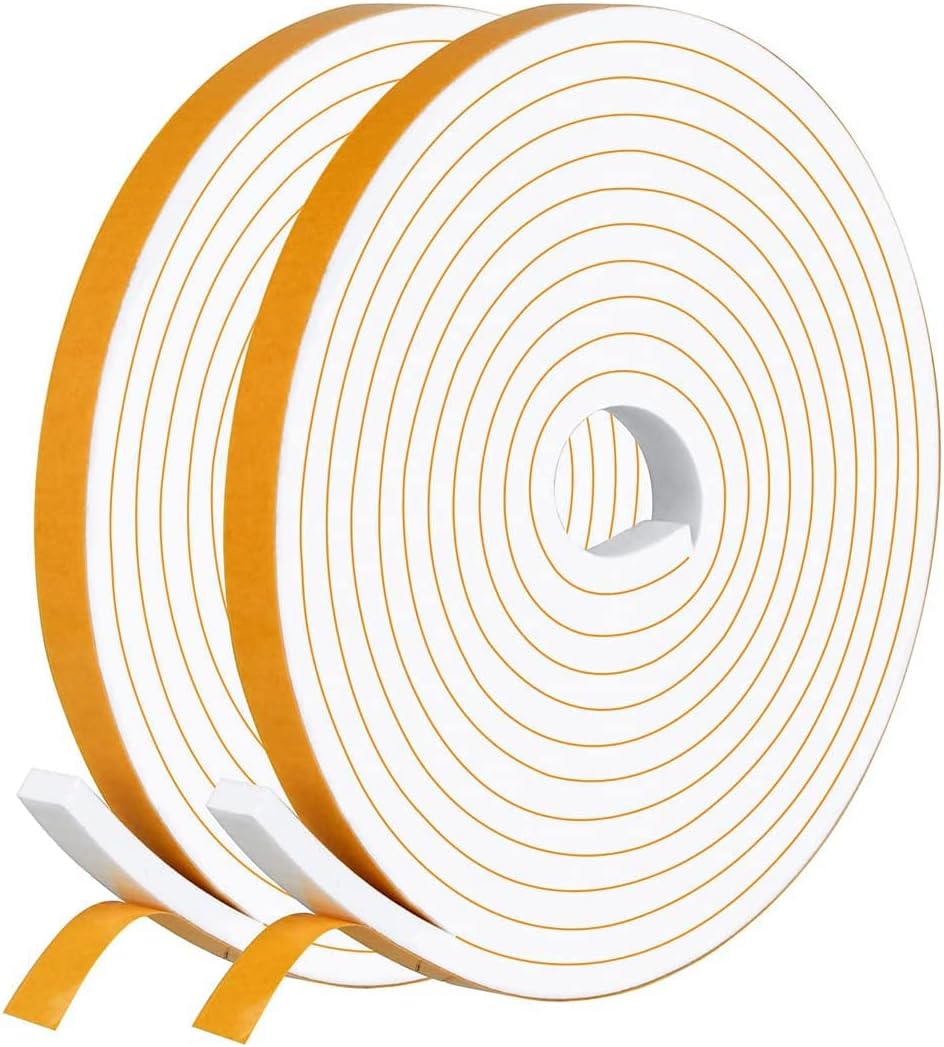 Draught Excluder Self Adhesive Foam Tape 6mm(W) x 3mm(T) Window Door Weather Stripping SoundProof Weather Strip Tape Seals for Gap Seal, 2 Rolls, Total 20M Long White