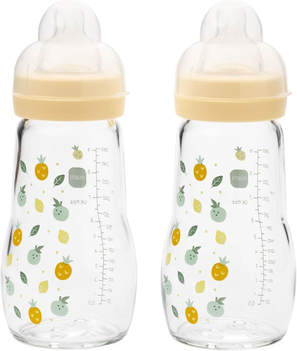 MAM Glass Bottle, 2X 260ml, with SkinSoft Silicone Teat, Yellow