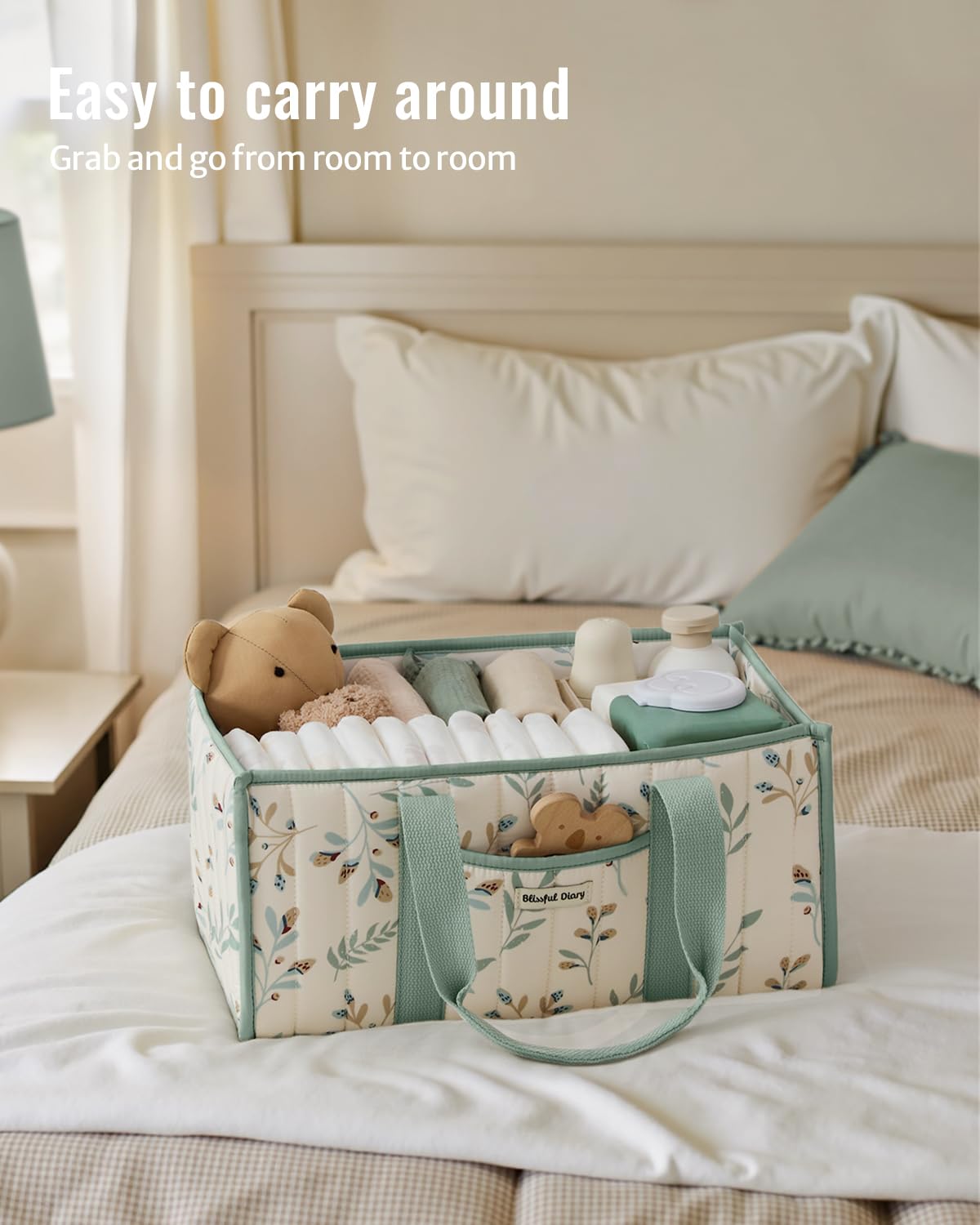 Blissful Diary Nappy Caddy Organiser, Baby Diaper Caddy for Nappy Station, Stylish Storage Basket for Newborn Essentials, Baby Shower Gifts for Girl or Boy, Sage Green