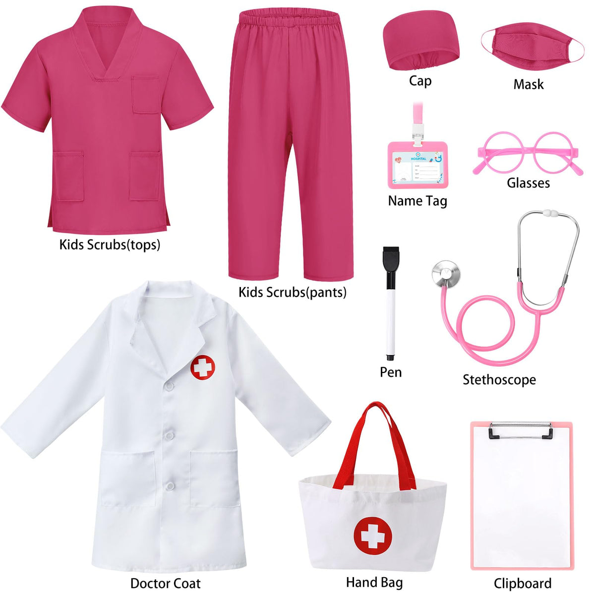 12 PCS Doctor Costume for Kids,Scrubs Nurse Costume for Girls Boys