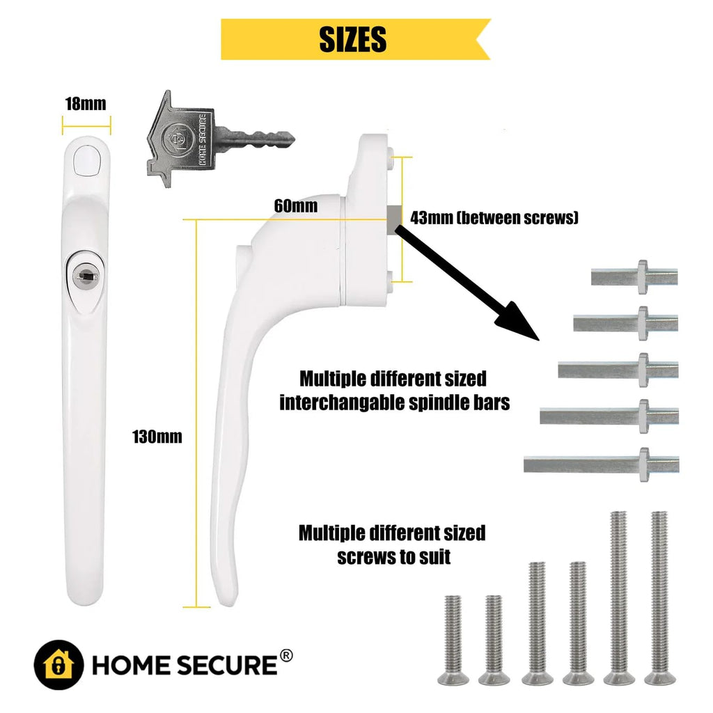 Home Secure™ Universal Locking uPVC Window Handle with Keys – Espag Window Handle Replacement, Reversible Left or Right, Multi-Spindle Fit, White