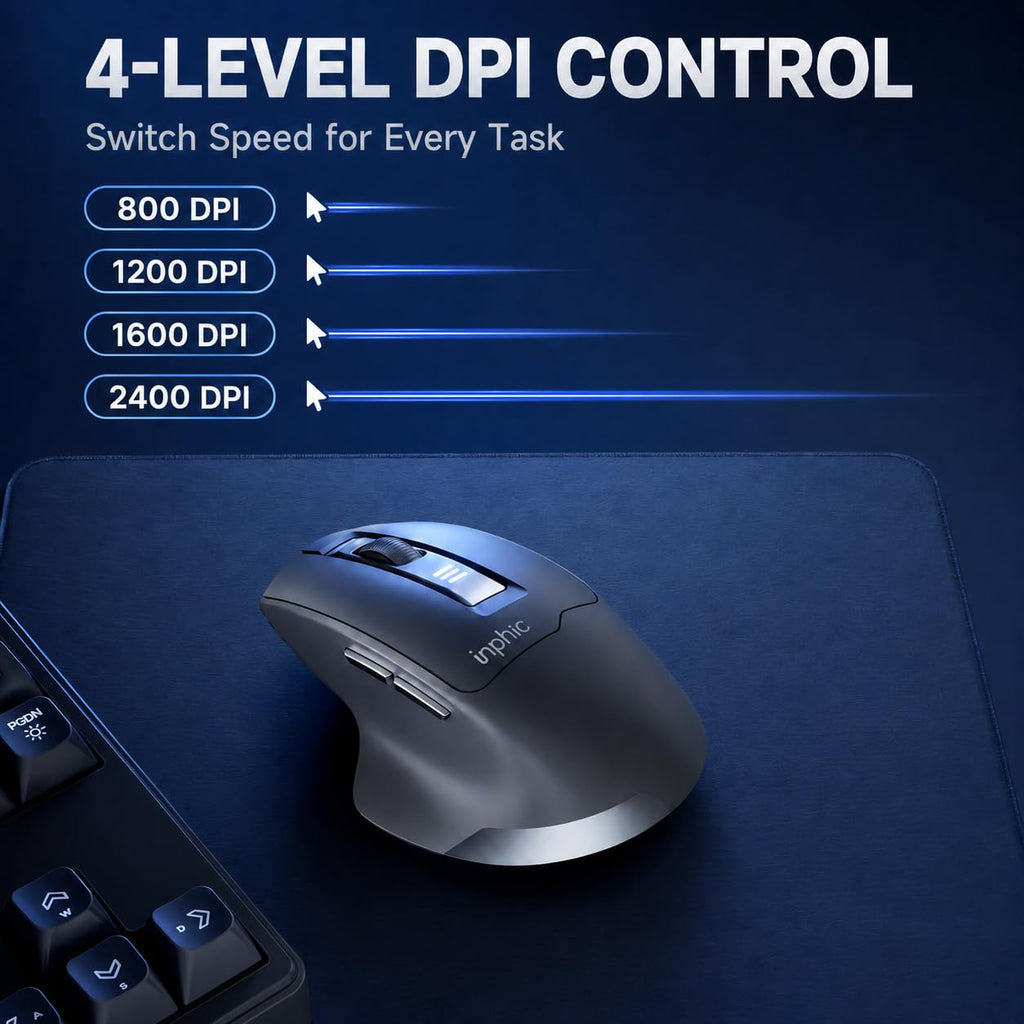 INPHIC Wireless Mouse Rechargeable, [Battery Level Visible], Silent Click USB 2.4G Cordless Mouse for Laptop PC Computer Tablets, 6 Buttons, 2400DPI 4 Adjustment Levels, Black