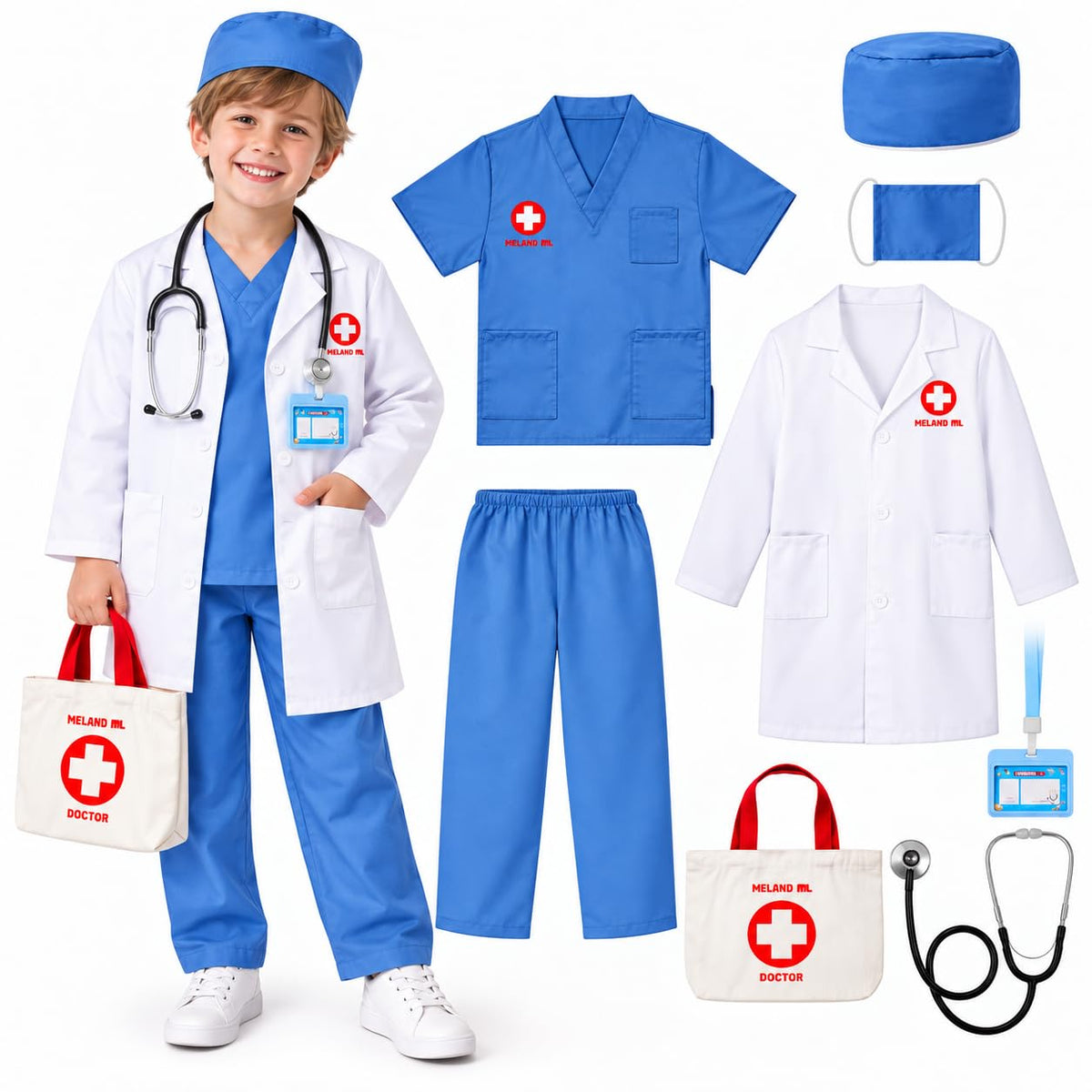 Meland Doctor Costume for Kids 3-10, Pretend Play Career Dress Up with Bag