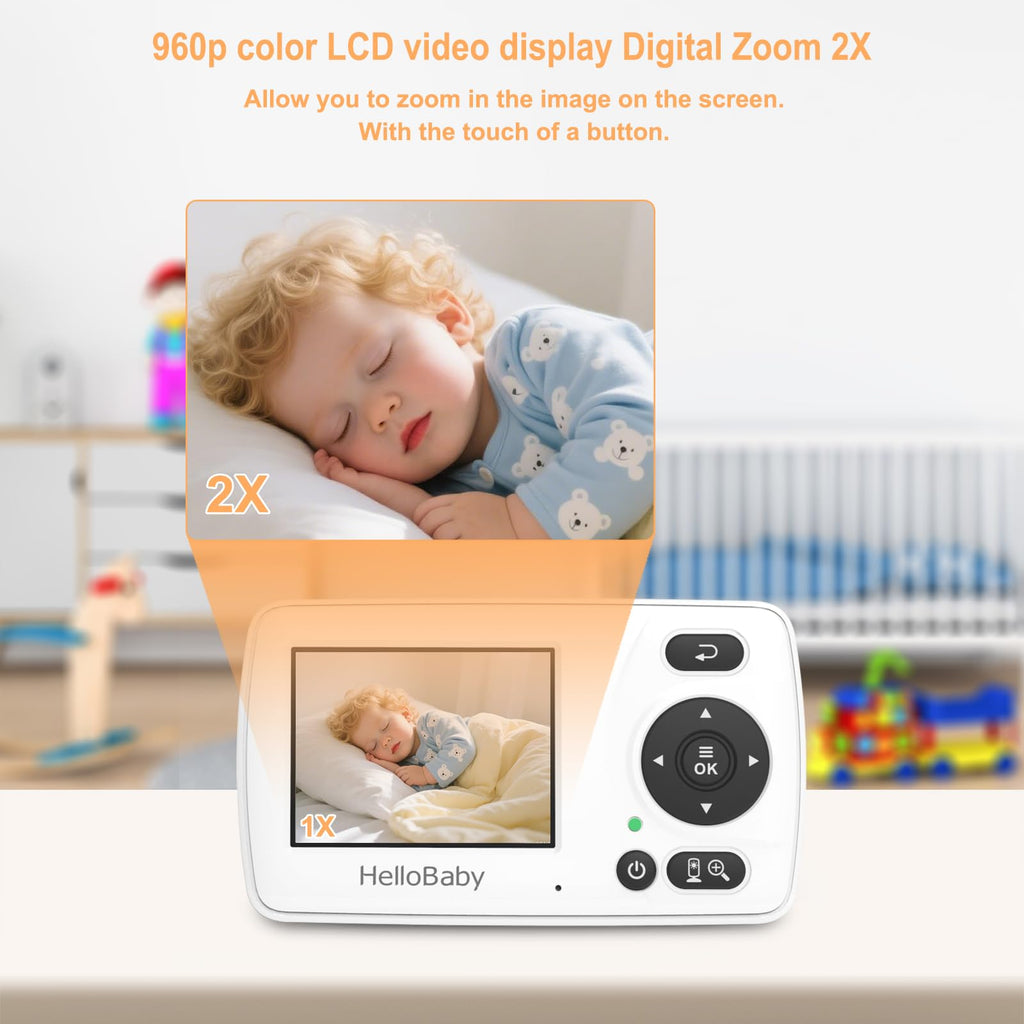 HelloBaby Baby Monitor,29-Hour Battery Life,Upgrade Baby Monitor with Camera and Night Vision,No Wifi,355°/120° Remote Pan Tilt Camera 2x Zoom, ECO Mode,2-way talk,Up to 1000ft,Temperature