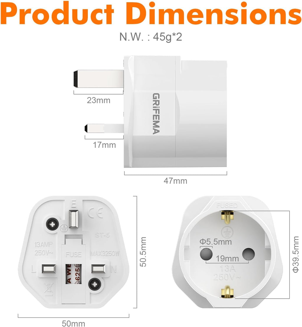 GRIFEMA EU to UK Plug Adapter with 13A Fuse 2 Pack