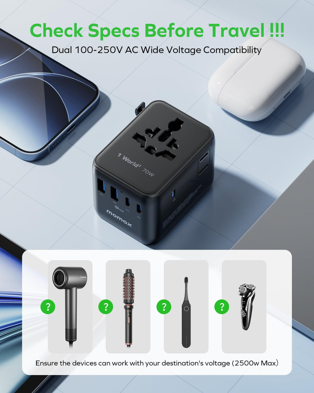MOMAX Universal Travel Adapter 70W GaN, Travel Plug Adapter for UK/EU/AU/US