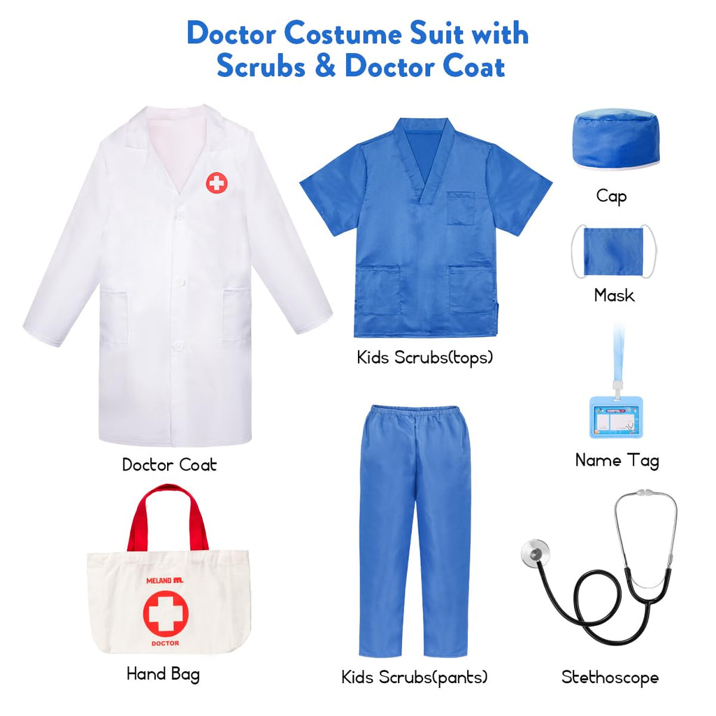 Meland Doctor Costume for Kids 3-10, Pretend Play Career Dress Up with Bag