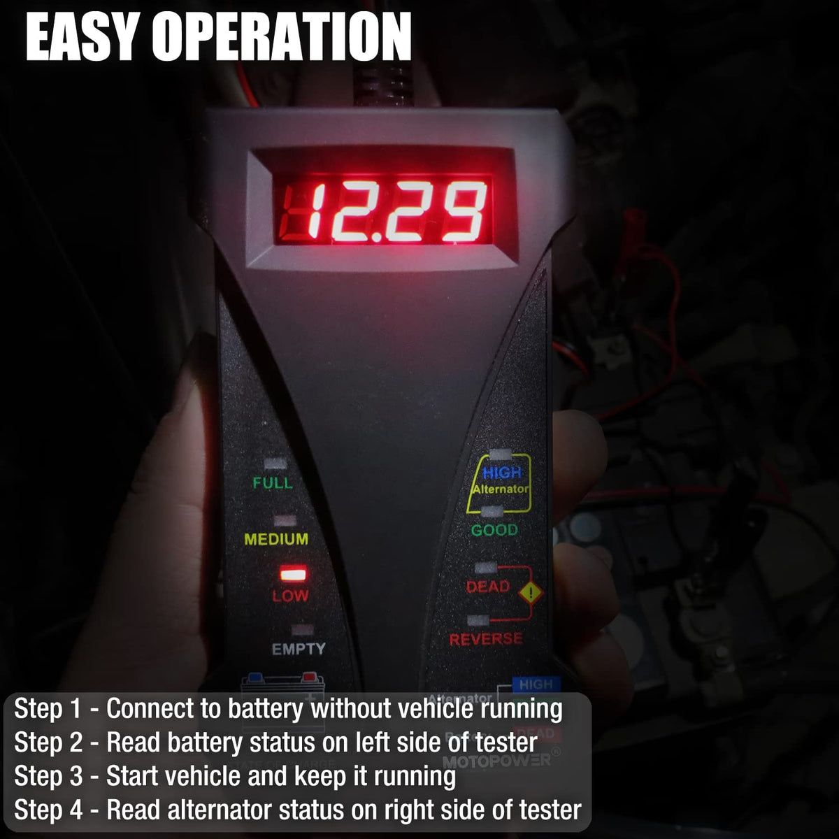 MOTOPOWER MP0514D 12V Digital Battery Tester Voltmeter and Alternator Charging System Analyzer with LCD Display and LED Indication, Orange Rubber Paint