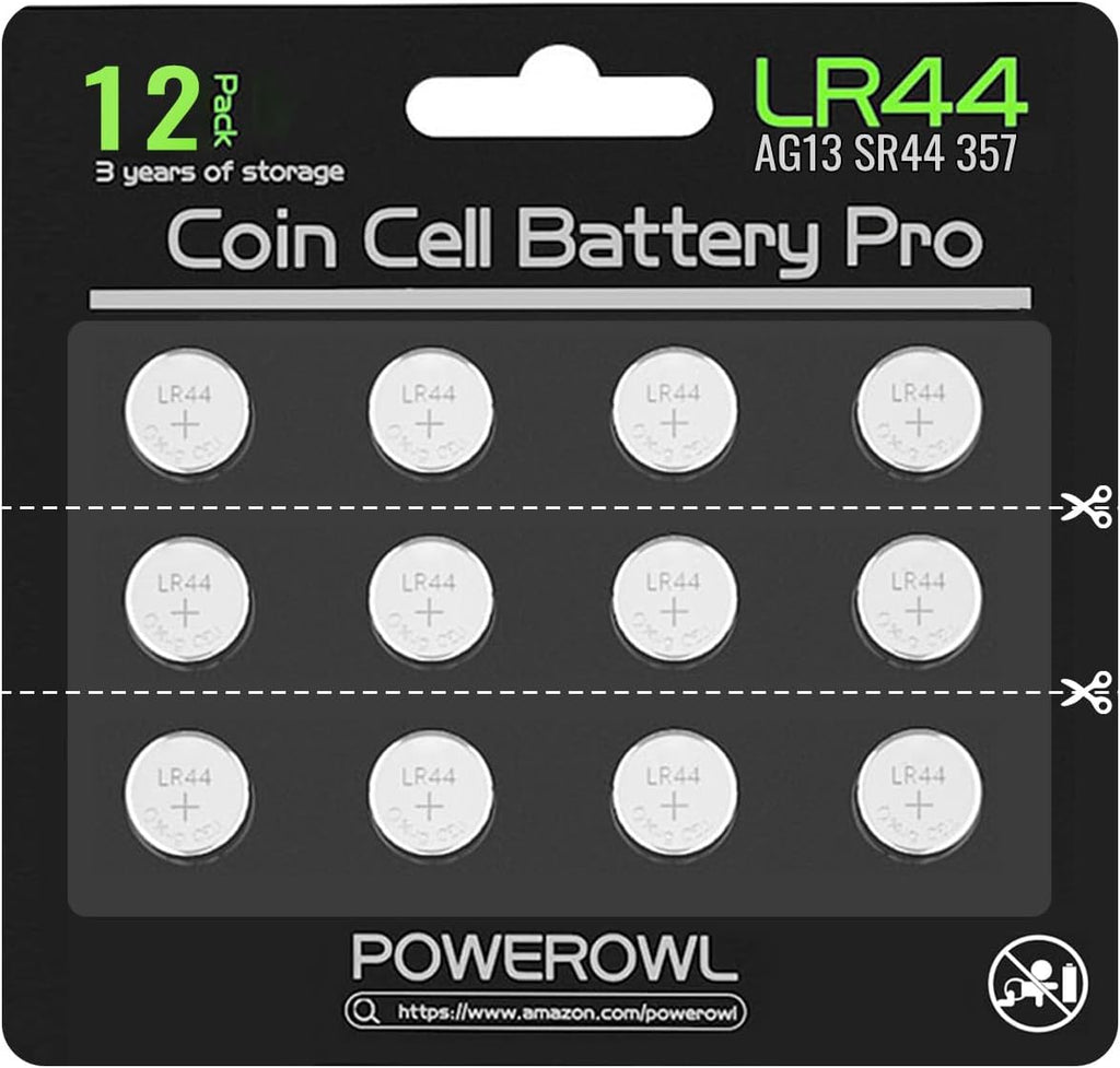 POWEROWL 12 Pcs LR44 Button Cell, High Capacity AG13 357 303 SR44 L1154F A76 Premium Alkaline Battery, 1.5V Button Cell Batteries