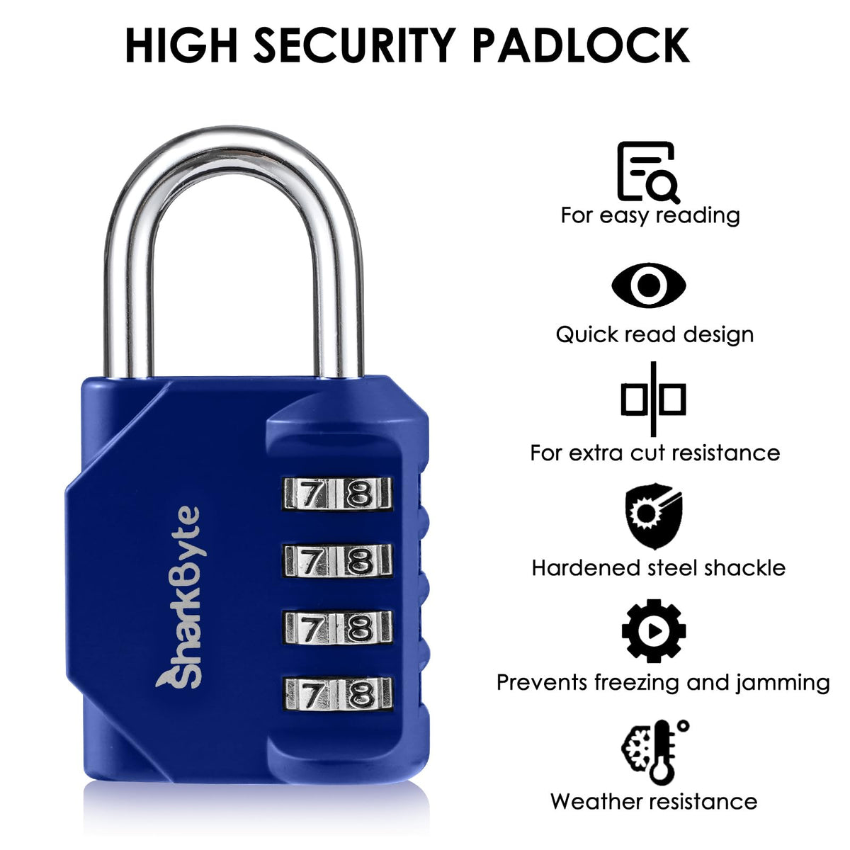 SharkByte Heavy Duty Combination Padlock – 4-Digit Weatherproof Outdoor Lock with Stainless Steel Shackle, Anti-Rust Resettable Code for Gym, School, Locker, Shed, Toolbox, Gate & Warehouse - Purple