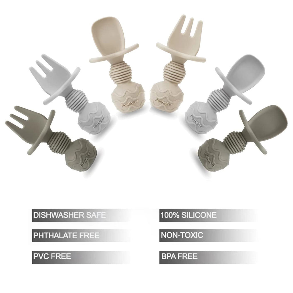 PandaEar 6 Pack Silicone Baby Weaning Spoons and Forks Set| Toddler Cutlery Self Feeding Spoons for Baby| Anti-Choke Design for Baby Led Weaning 3 Months Plus (Blue Green Tan)