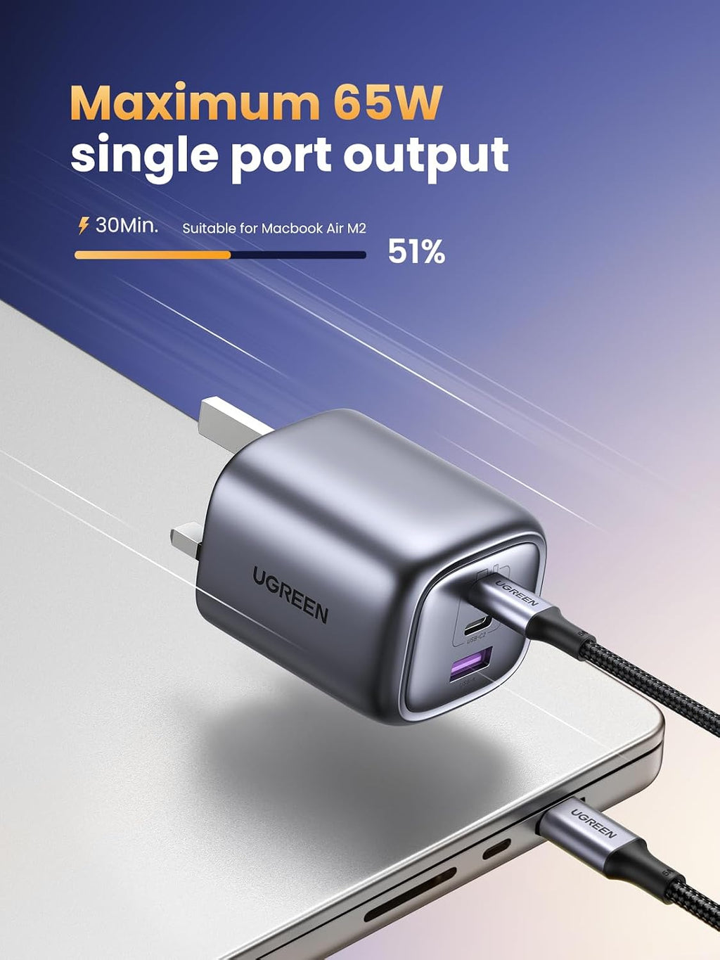 UGREEN Nexode 65W USB C Plug, 3-Port Foldable GaN Fast Travel Charger