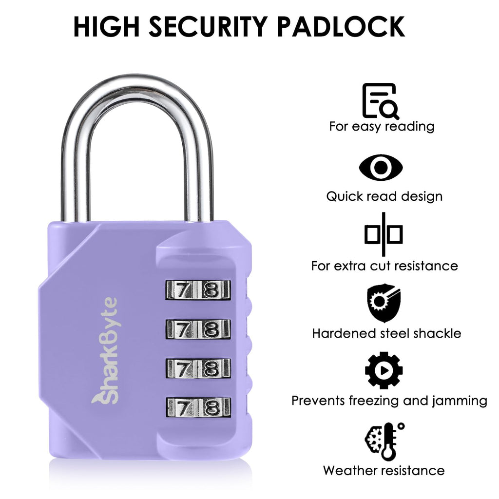 SharkByte Heavy Duty Combination Padlock – 4-Digit Weatherproof Outdoor Lock with Stainless Steel Shackle, Anti-Rust Resettable Code for Gym, School, Locker, Shed, Toolbox, Gate & Warehouse - Purple