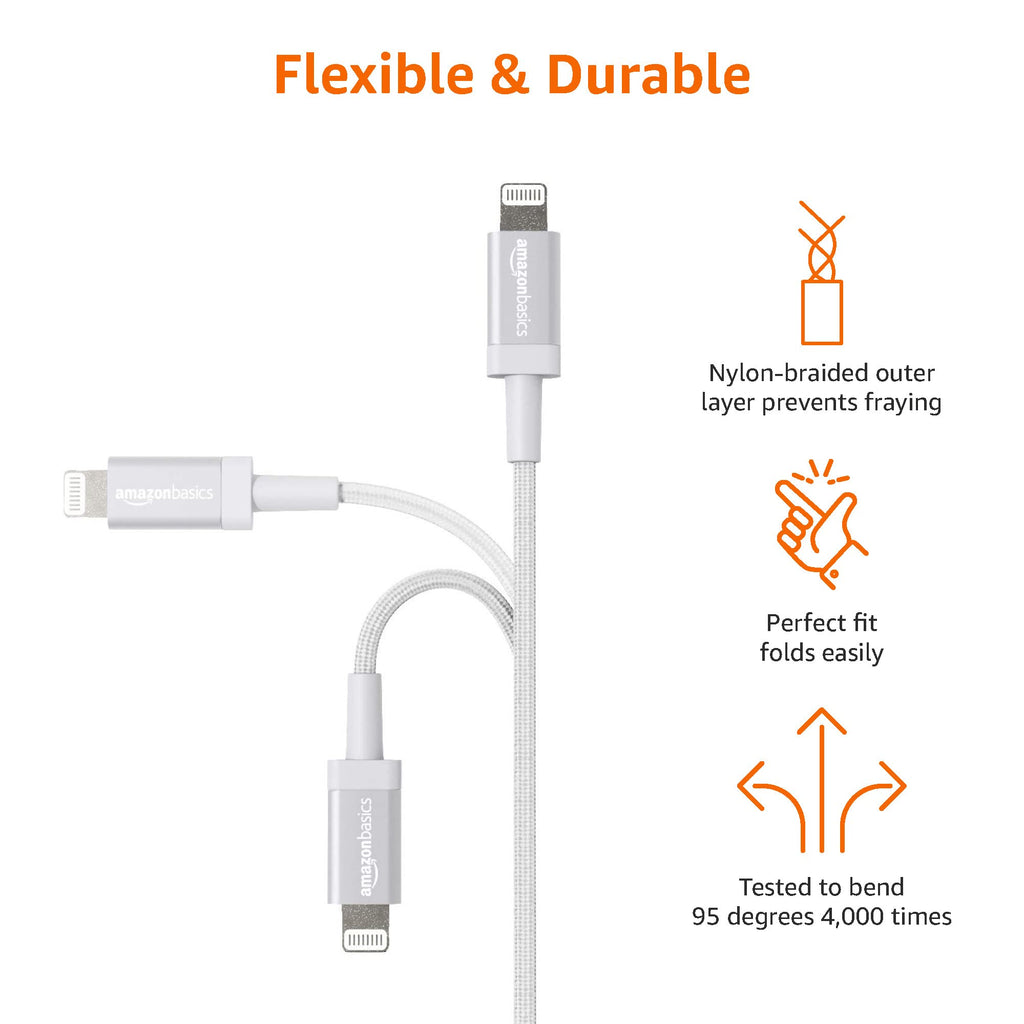 Amazon Basics USB to Lightning Cable, Nylon Braided Charger for iPhone 14 13 12 11 X iPad, 0.9 m, Silver