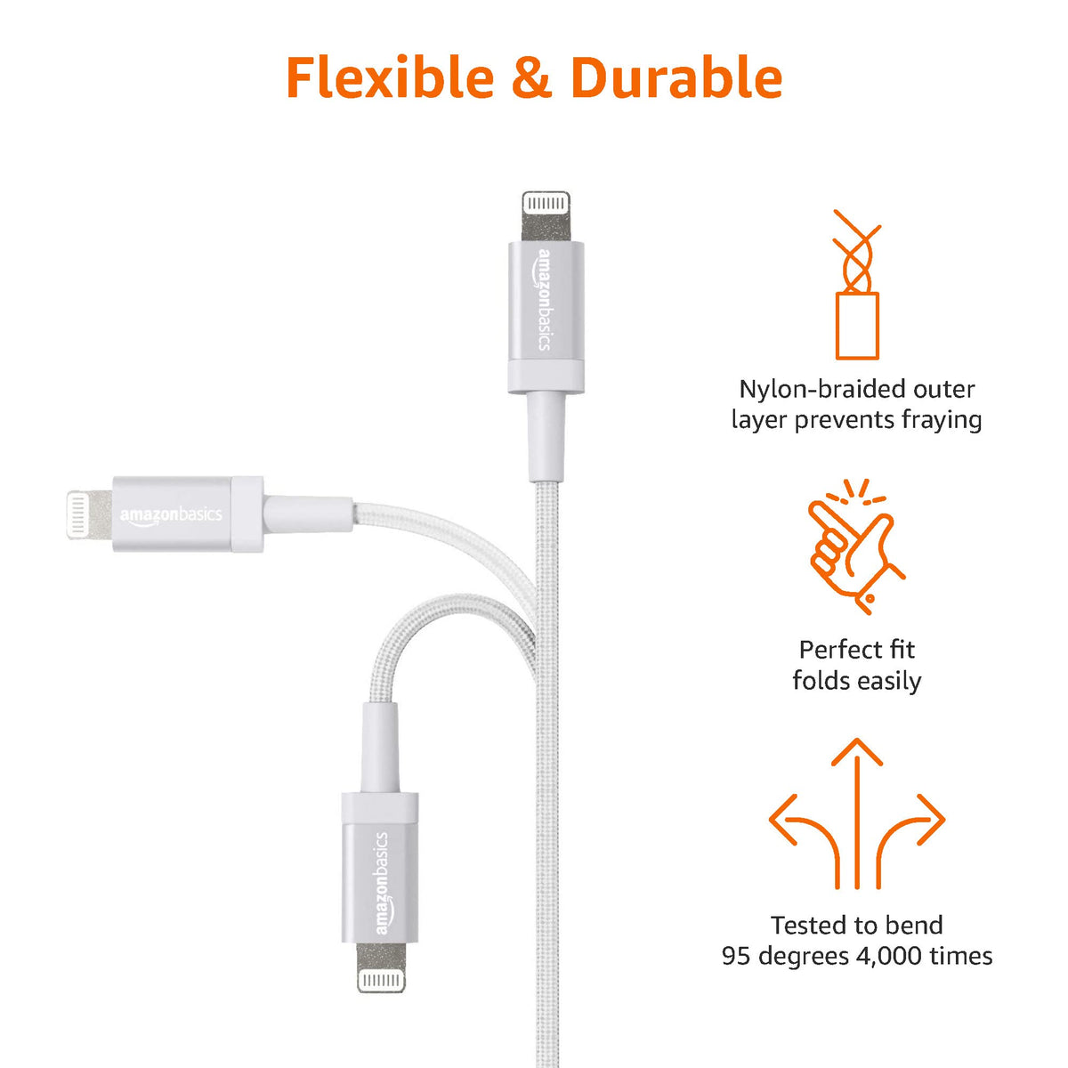 Amazon Basics USB to Lightning Cable, Nylon Braided Charger for iPhone 14 13 12 11 X iPad, 0.9 m, Silver