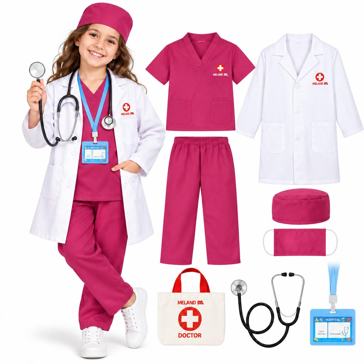 Meland Doctor Costume for Kids 3-10, Pretend Play Career Dress Up with Bag