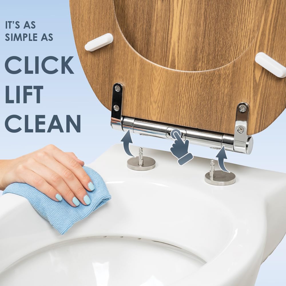 AQUALONA® Luxury Grey Oak Effect Toilet Seat - Soft Close MDF Moulded Wood Seat with Quick Release Button and Durable Hinges - Comfortable, Easy to Clean and Install with Universal Fittings