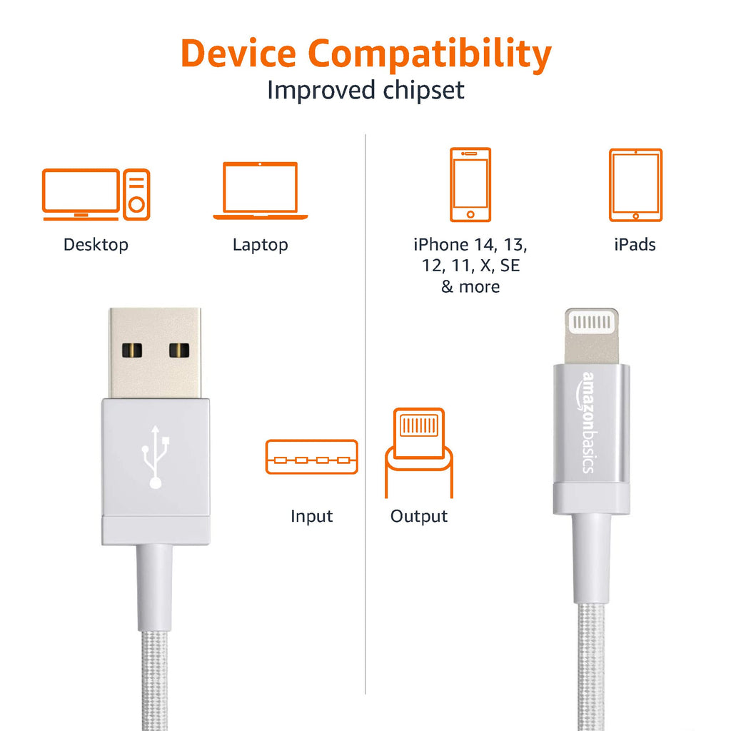 Amazon Basics USB to Lightning Cable, Nylon Braided Charger for iPhone 14 13 12 11 X iPad, 0.9 m, Silver