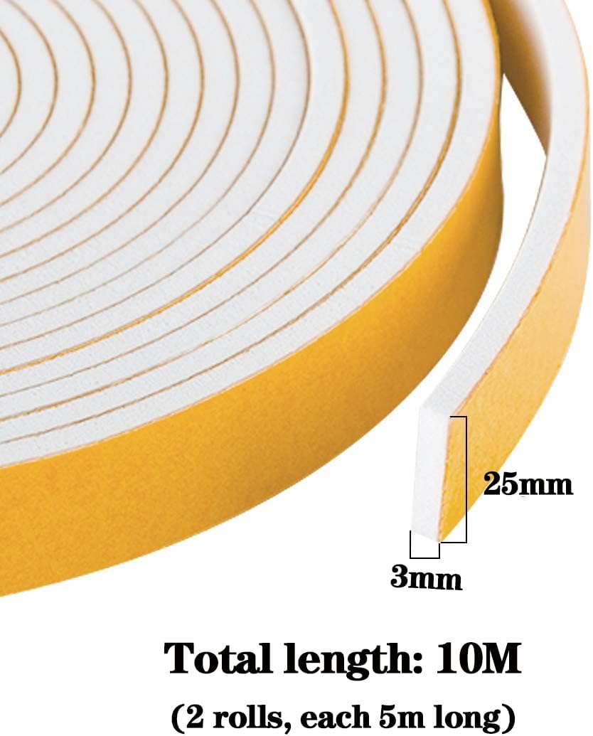 Draught Excluder Self Adhesive Foam Tape 6mm(W) x 3mm(T) Window Door Weather Stripping SoundProof Weather Strip Tape Seals for Gap Seal, 2 Rolls, Total 20M Long White