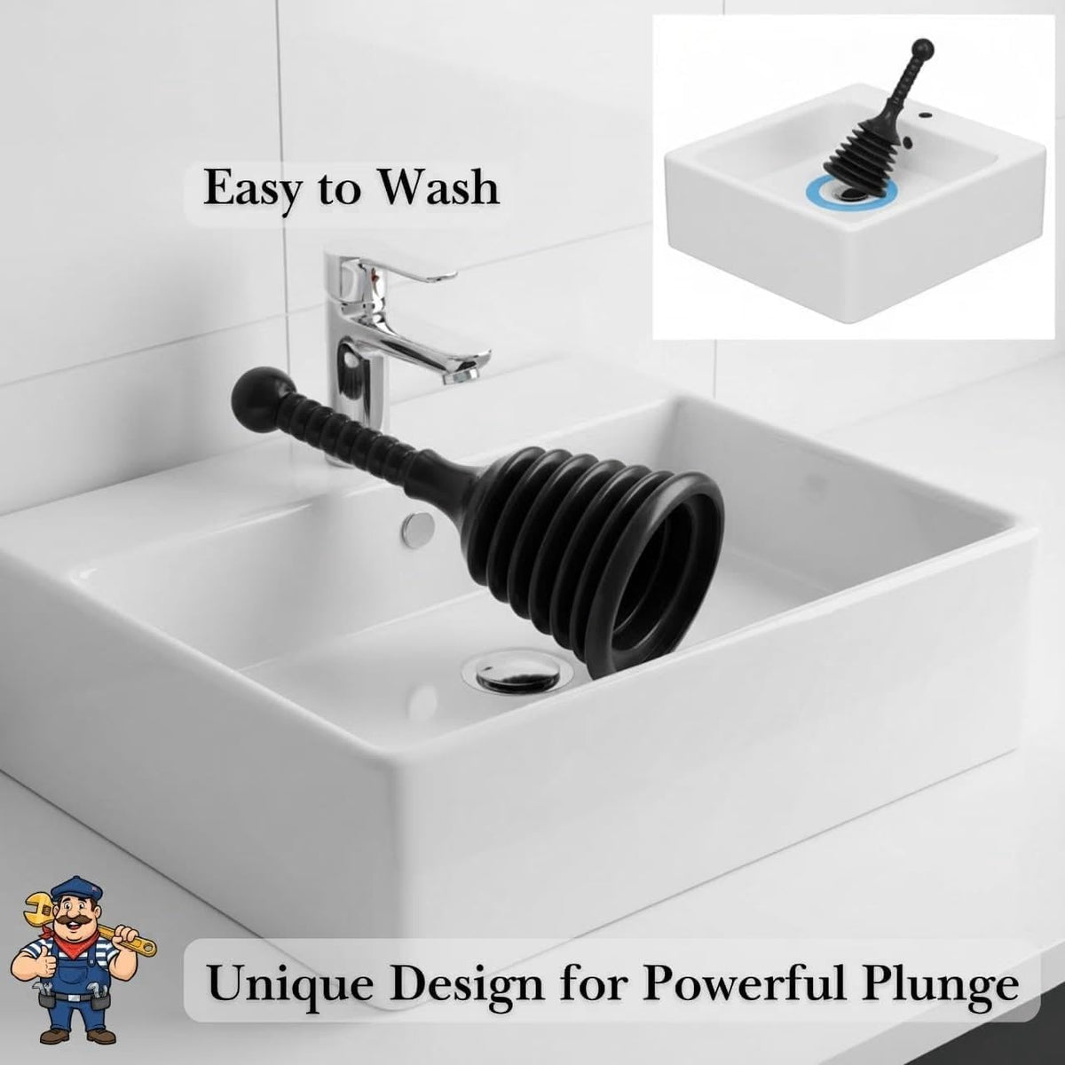 Plunger Toilet Sink Drain Bath Unblocker Cleaner Pump Plunger Ideal for Kitchens Bathrooms Sinks Bowls Baths Waste Pipes Showers Plumbers Plunger Powerful Unblocker Tools (Pack of 1) (Dark Black)