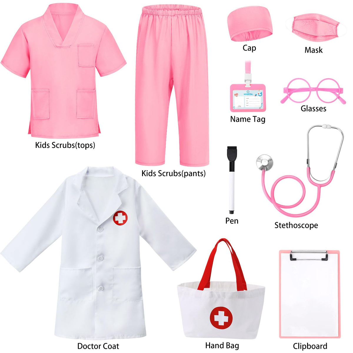 12 PCS Doctor Costume for Kids,Scrubs Nurse Costume for Girls Boys