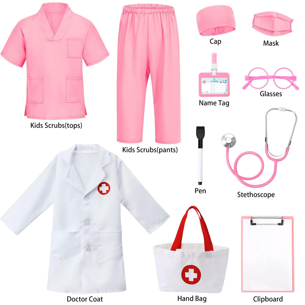 12 PCS Doctor Costume for Kids,Scrubs Nurse Costume for Girls Boys