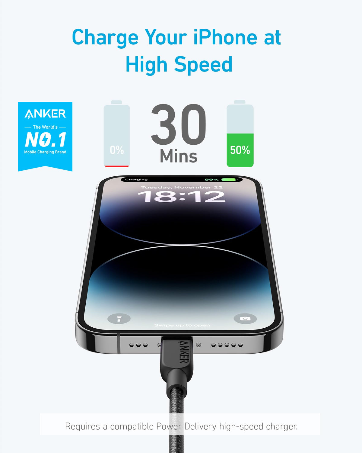 Anker 310 USB C to Lightning Cable,MFi Certified Cable(0.9m, Black)