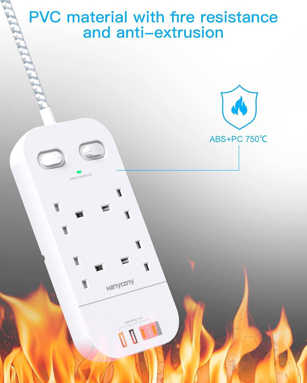 Extension Lead 5M, 4 Way Surge Protected Power Strip with USB C Slots