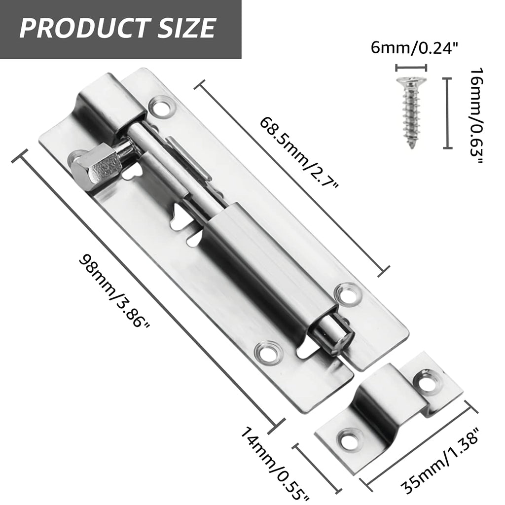 Door Lock Bolts 3"(75mm), 304 Stainless Steel Door Latch Slide Bolts Lock with Screws for Bathroom Bedroom Shed Garden Toilet, 3 Inch