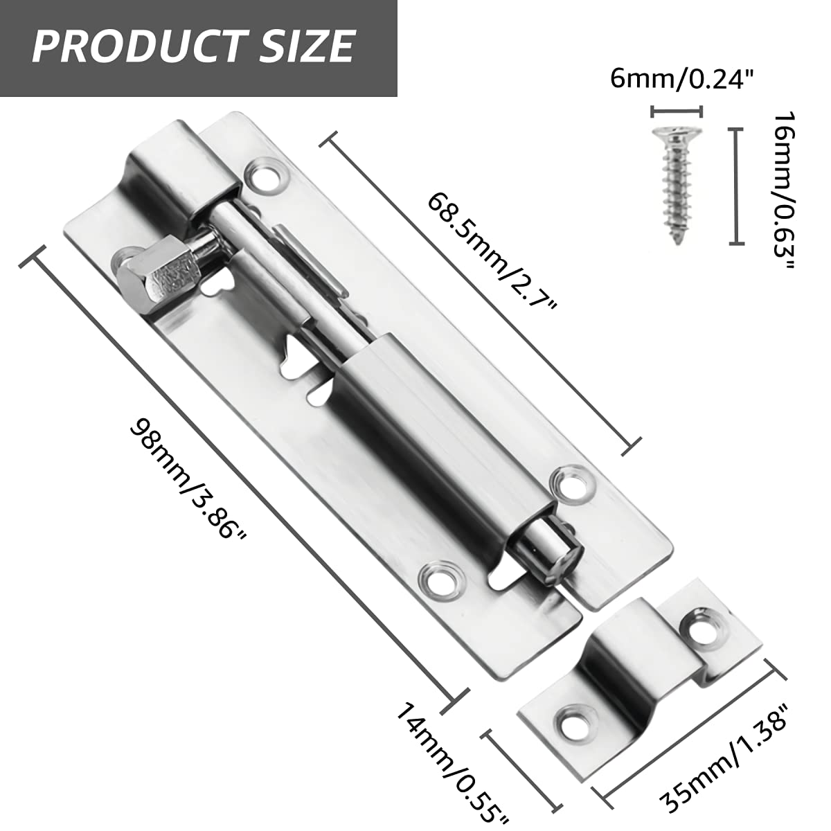 Door Lock Bolts 3"(75mm), 304 Stainless Steel Door Latch Slide Bolts Lock with Screws for Bathroom Bedroom Shed Garden Toilet, 3 Inch