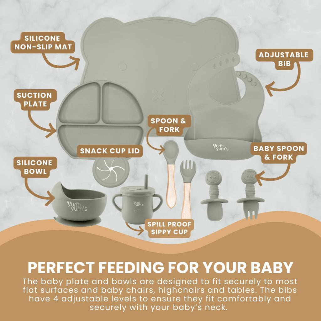 Yum Yum's Baby 10 Pcs Blue Weaning Set - Complete Toddler Feeding Kit w/Sectioned Plate, Suction Bowls, Cutlery with Mouth Guard, Straw Cup, Bib & Mat - Non-Slip - for Toddlers & Baby Gift