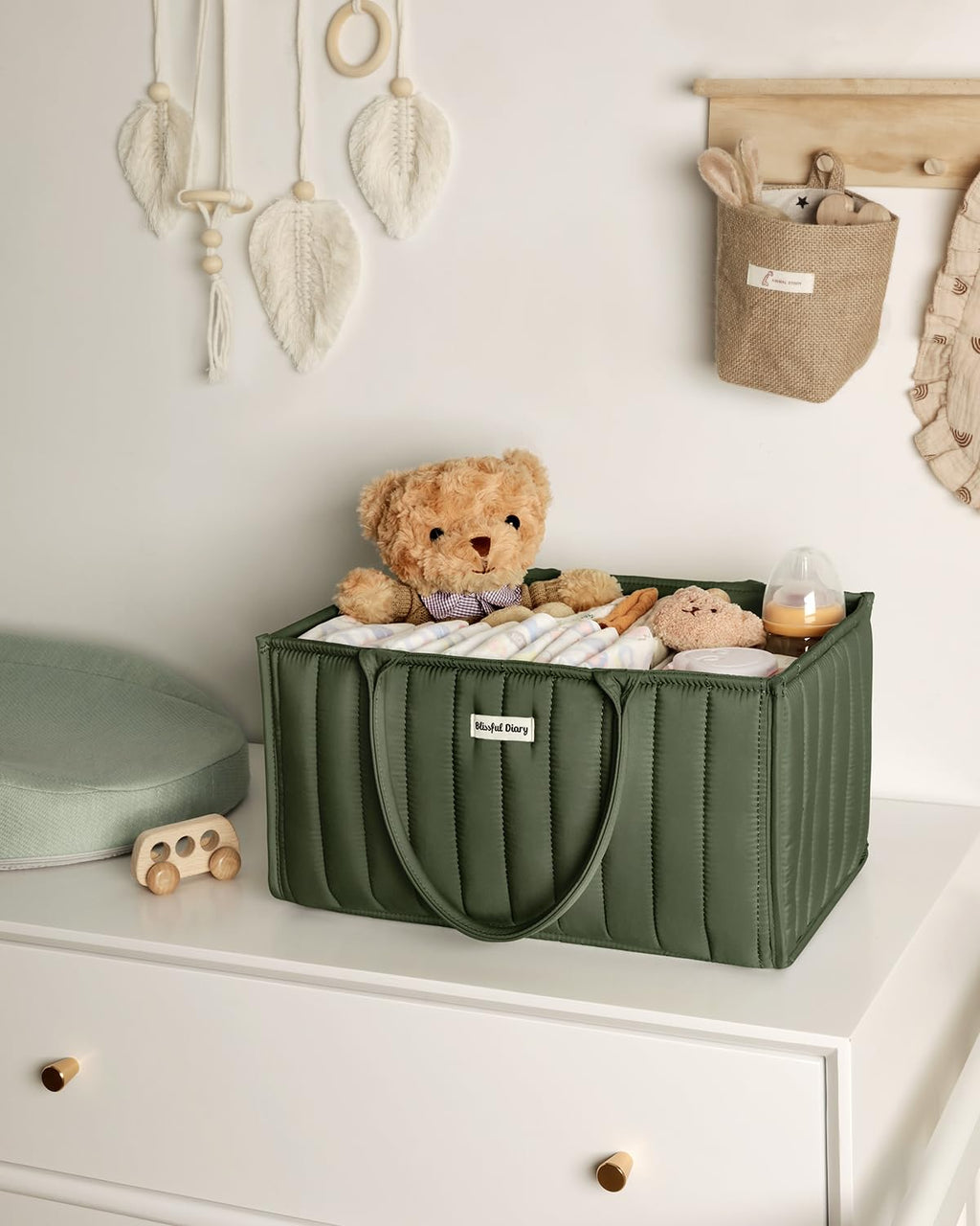 Blissful Diary Nappy Caddy Organiser, Baby Diaper Caddy for Nappy Station, Stylish Storage Basket for Newborn Essentials, Baby Shower Gifts for Girl or Boy, Sage Green