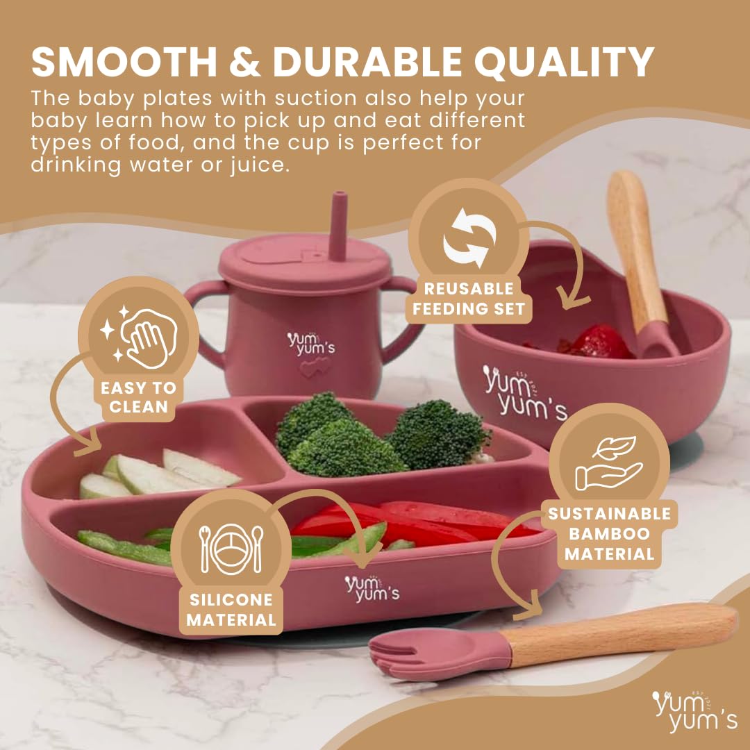 Yum Yum's Baby 10 Pcs Blue Weaning Set - Complete Toddler Feeding Kit w/Sectioned Plate, Suction Bowls, Cutlery with Mouth Guard, Straw Cup, Bib & Mat - Non-Slip - for Toddlers & Baby Gift