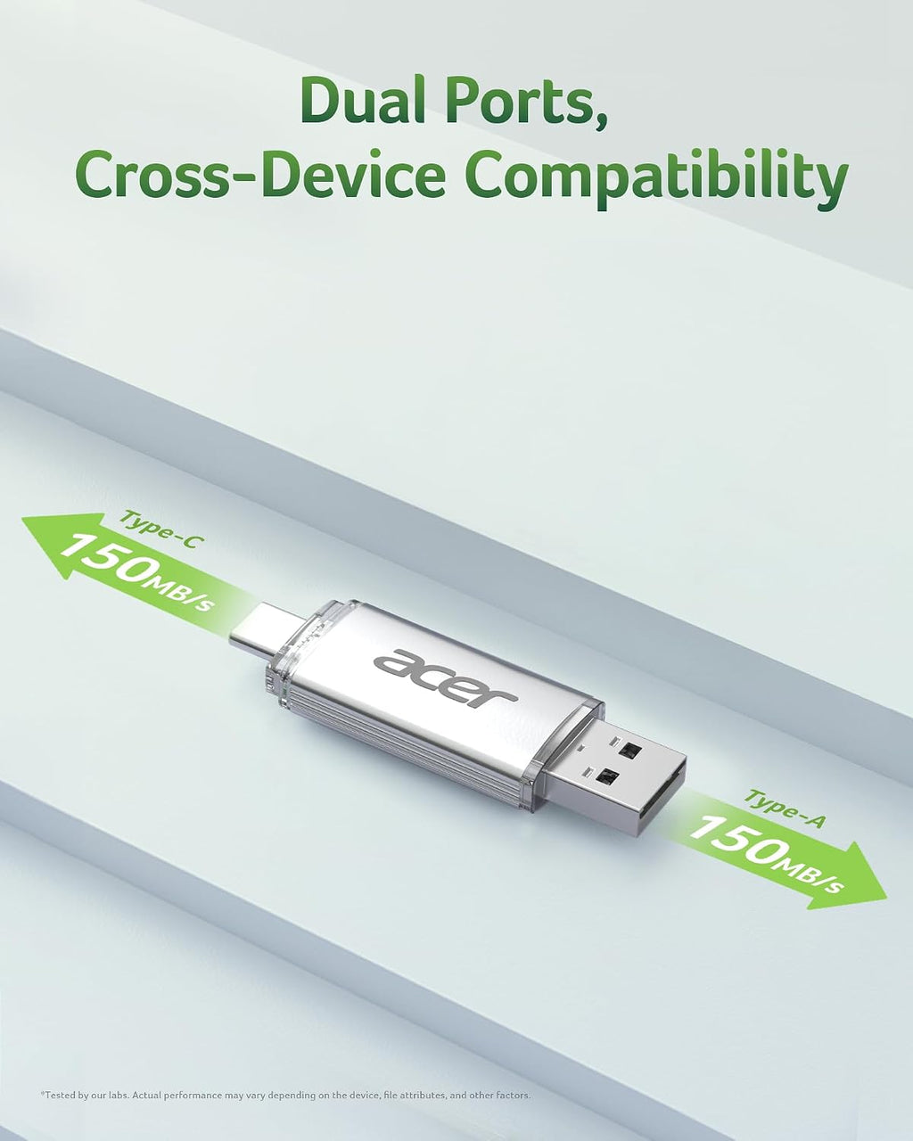 Acer UT300 USB 3.0 Flash Drive 64GB, Memory Pen Stick with Transfer Speeds Up to 150 MB/s, USB Type-C Typc-A Thumb Drive for Phones, Laptops, TVs and Audio Equipment