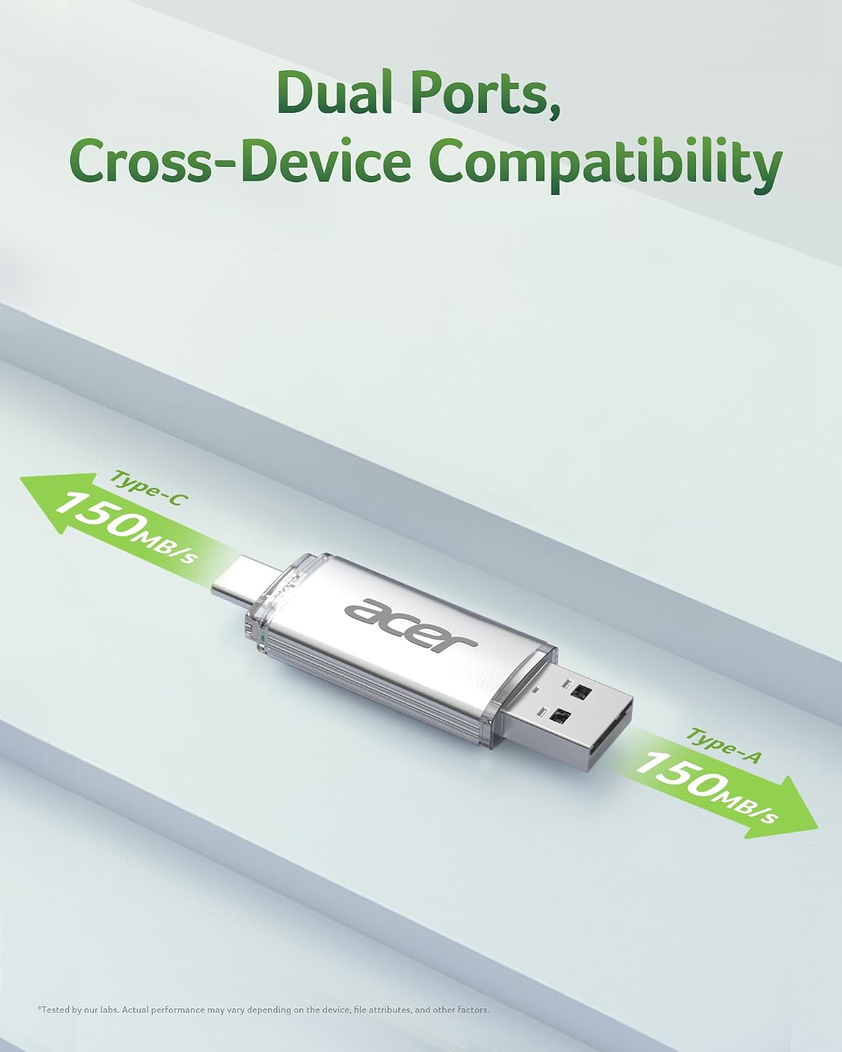 Acer UT300 USB 3.0 Flash Drive 64GB, Memory Pen Stick with Transfer Speeds Up to 150 MB/s, USB Type-C Typc-A Thumb Drive for Phones, Laptops, TVs and Audio Equipment