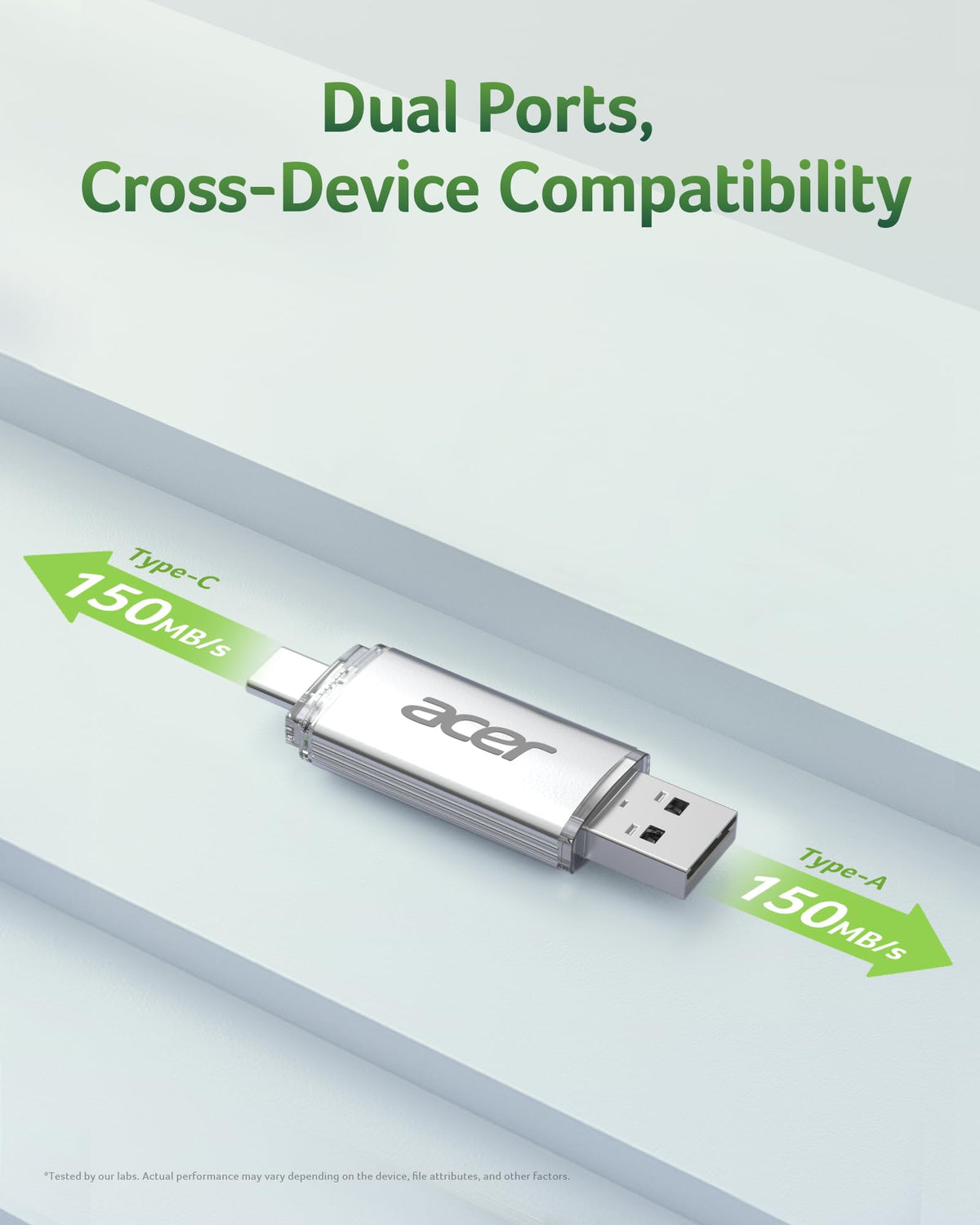 Acer UT300 USB 3.0 Flash Drive 64GB, Memory Pen Stick with Transfer Speeds Up to 150 MB/s, USB Type-C Typc-A Thumb Drive for Phones, Laptops, TVs and Audio Equipment