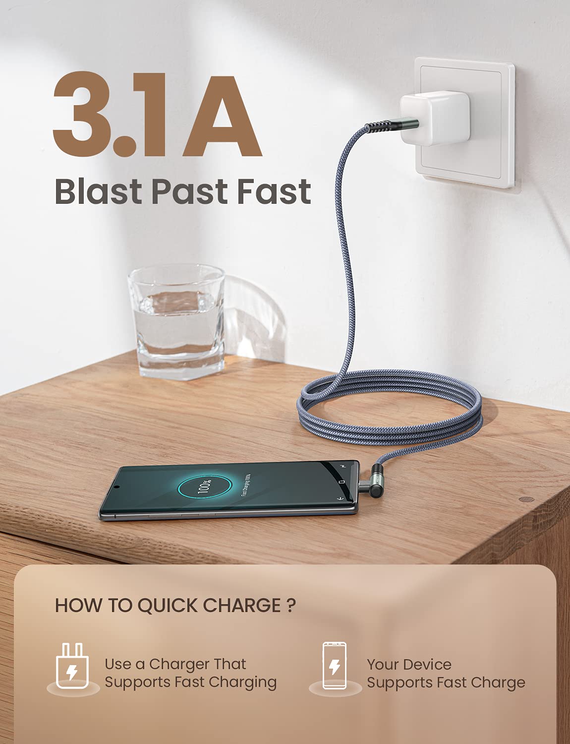 AINOPE 2-Pack 0.5ft USB C Cable, 3.1A Fast Charging, Right Angle, Durable Nylon Braided, Compatible with Galaxy S22 S21 Plus S20, Note 10 9 LG, Type C Charger