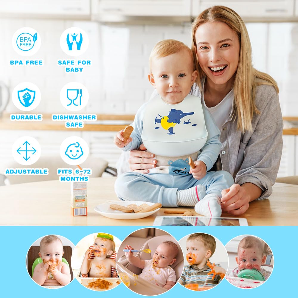 Vicloon Silicone Baby Bib, Baby Weaning Bibs, Waterproof Baby Feeding Bibs Adjustable with Wide Food Catcher Pocket Unisex Toddler Bibs