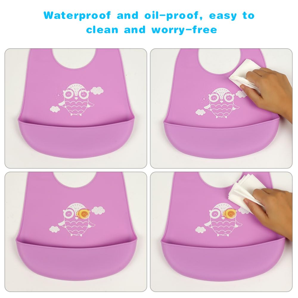 Vicloon Silicone Baby Bib, Baby Weaning Bibs, Waterproof Baby Feeding Bibs Adjustable with Wide Food Catcher Pocket Unisex Toddler Bibs