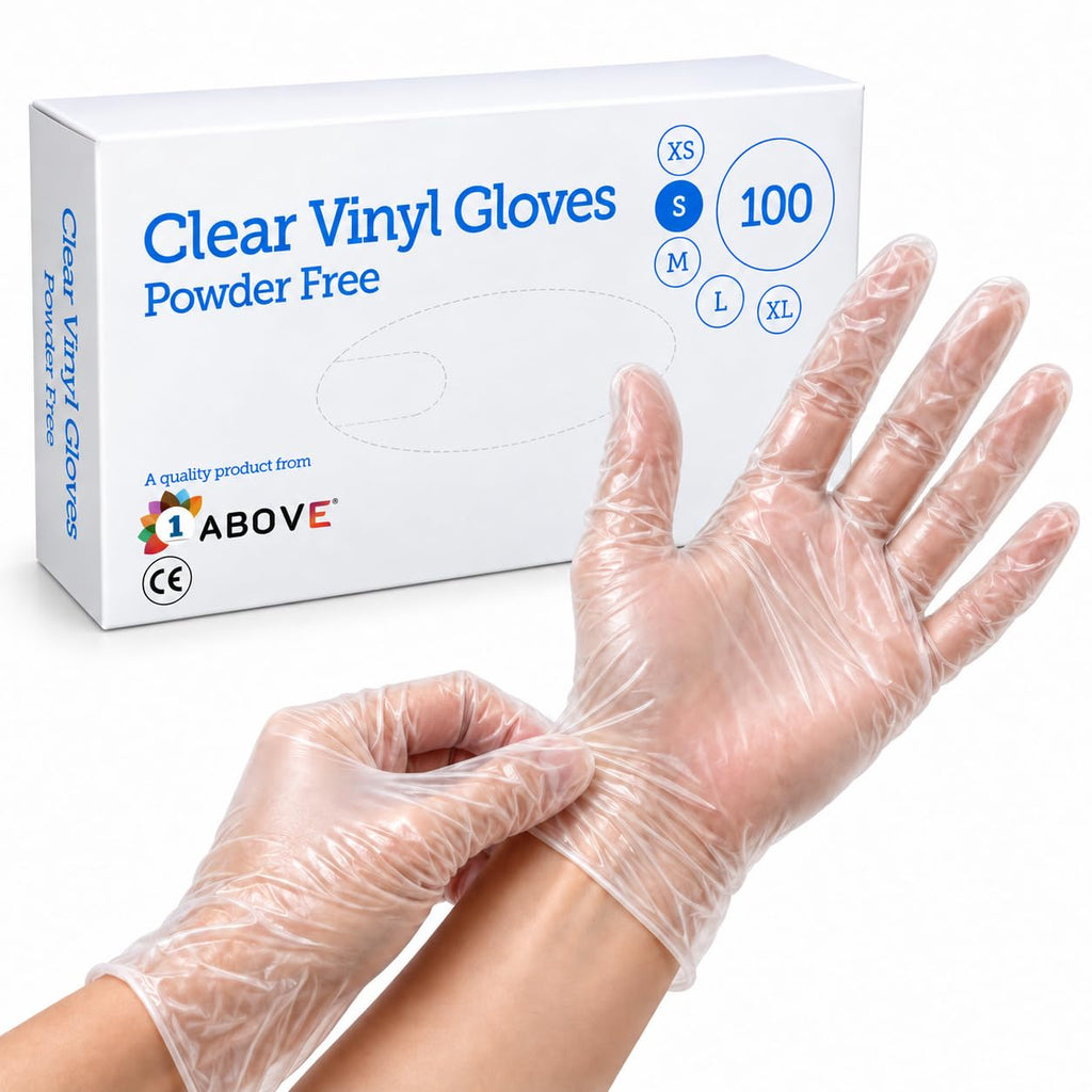 1ABOVE 100 Clear Vinyl Disposable Gloves Small, Powder-Free Latex-Free Ambidextrous Gloves for Food Handling Except Fatty Foods, Cleaning, Hairdressing, Beauty & Everyday Tasks