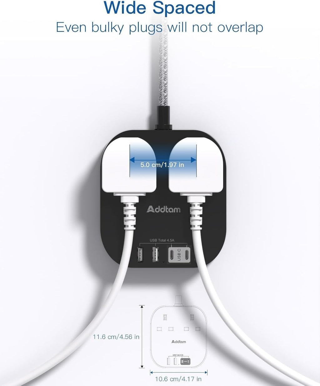 Extension Lead, Power Strips with 2 Way Outlets 4(4.5A, 2 Type C & 2 USB-A)
