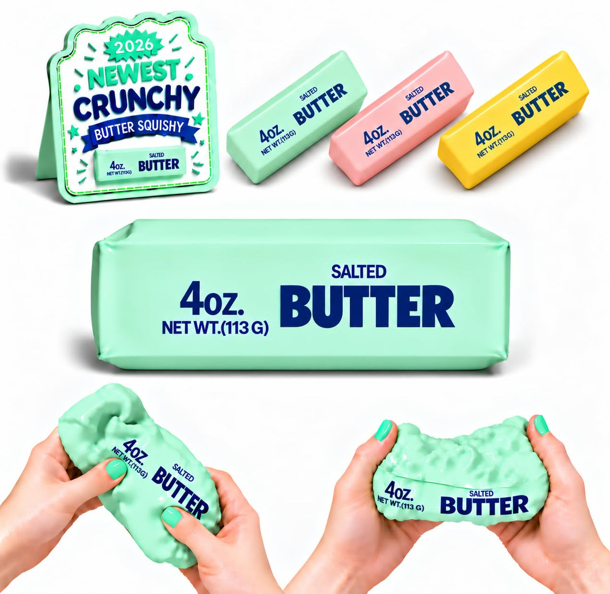 Crunchy Butter Squishy, Soft Squeeze Sensory Fidget Toy with Crunchy ASMR Texture, Butter Stick Stress Relief Toy, Fun Novelty Gift for Kids Teens and Adults, Pink