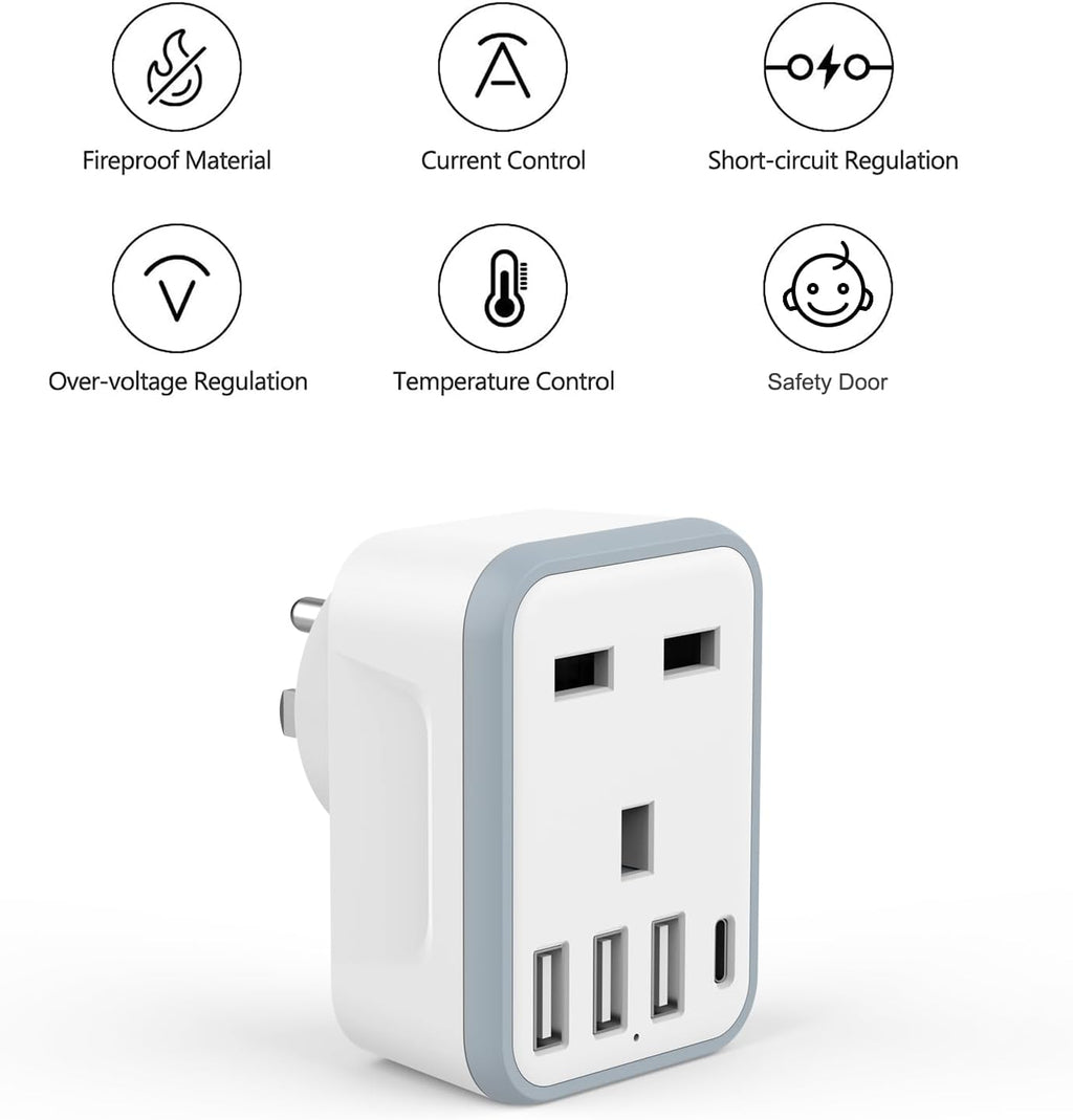 Loydia UK to US Plug Adaptor, 5 in 1 USA Plug Travel Adapter with 3 USB & 1 USB C Ports, American travel plug adapter from UK to USA, US, Canada, Thailand, Mexico, Colombia (Type B)