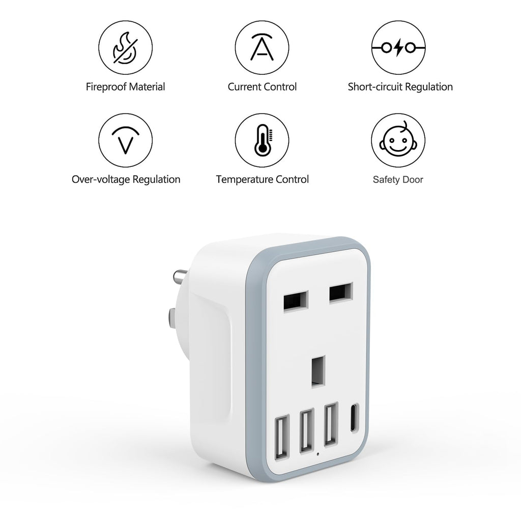 Loydia UK to US Plug Adaptor, 5 in 1 USA Plug Travel Adapter with 3 USB & 1 USB C Ports, American travel plug adapter from UK to USA, US, Canada, Thailand, Mexico, Colombia (Type B)
