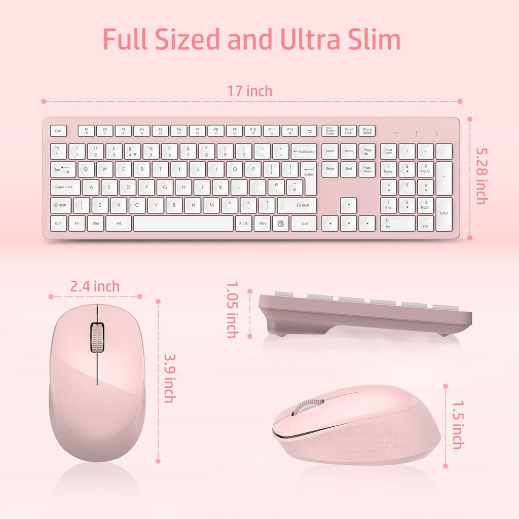 LeadsaiL Wireless Keyboard and Mouse Set, 2.4GHz USB Computer Keyboards and Mouse Combo, Ergonomic Design with 12 Multimedia Shortcuts for HP/Lenovo Laptop and Mac-Pink