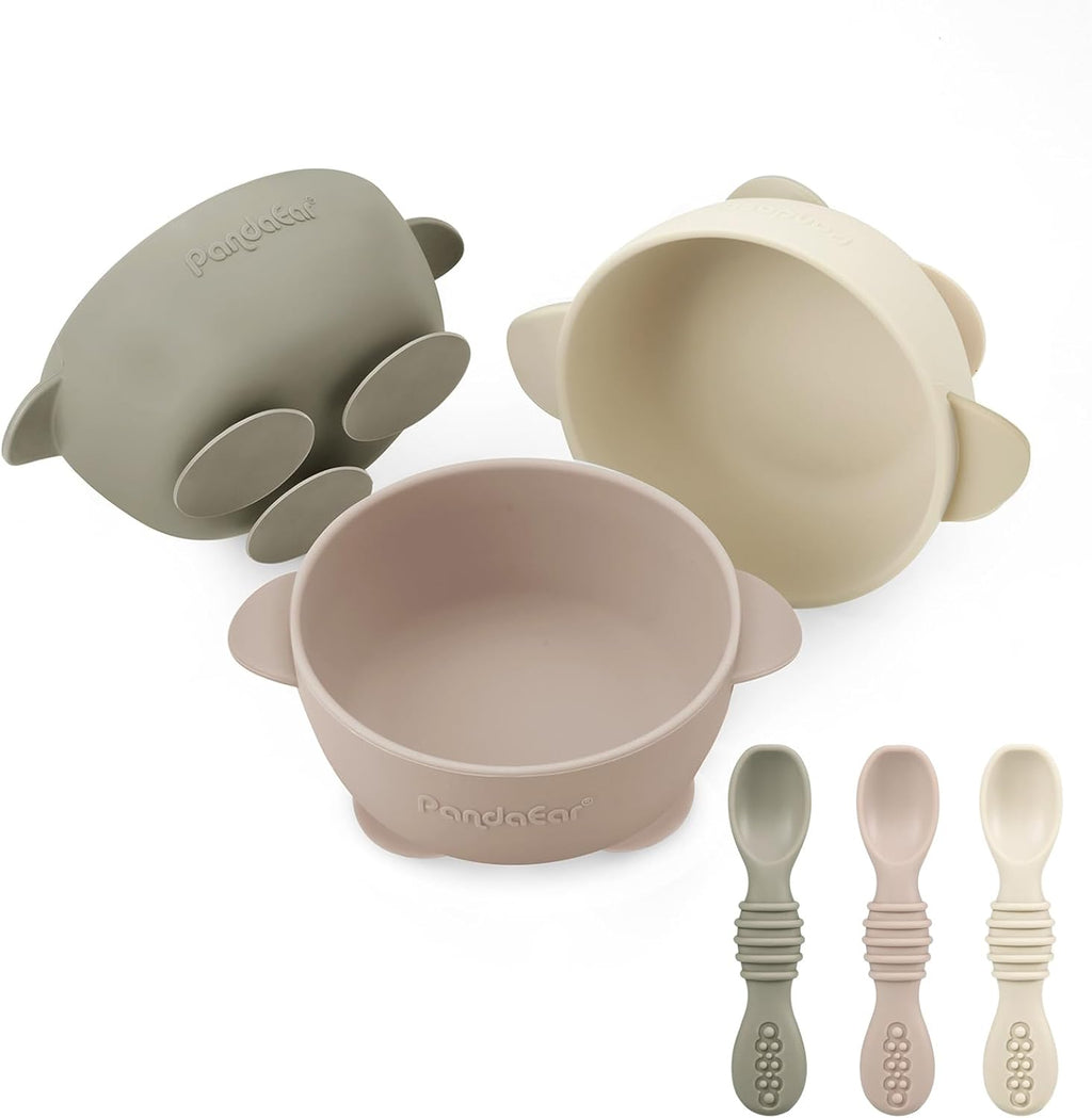 PandaEar 3 Pack Baby Suction Bowls with 3 Spoons, Stay Put Silicone Food Bowl Babies Led Weaning Supplies for Kids Toddlers, BPA-Free (Linen Brown Tan)
