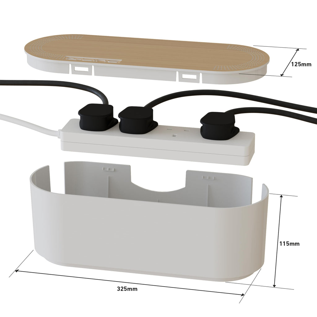 D-Line Cable Tidy Box, Hide Extension Blocks, Desk Cable Management, Organise TV Cables - 415mm (L) x 165mm (W) x 135mm (H) - Large, White