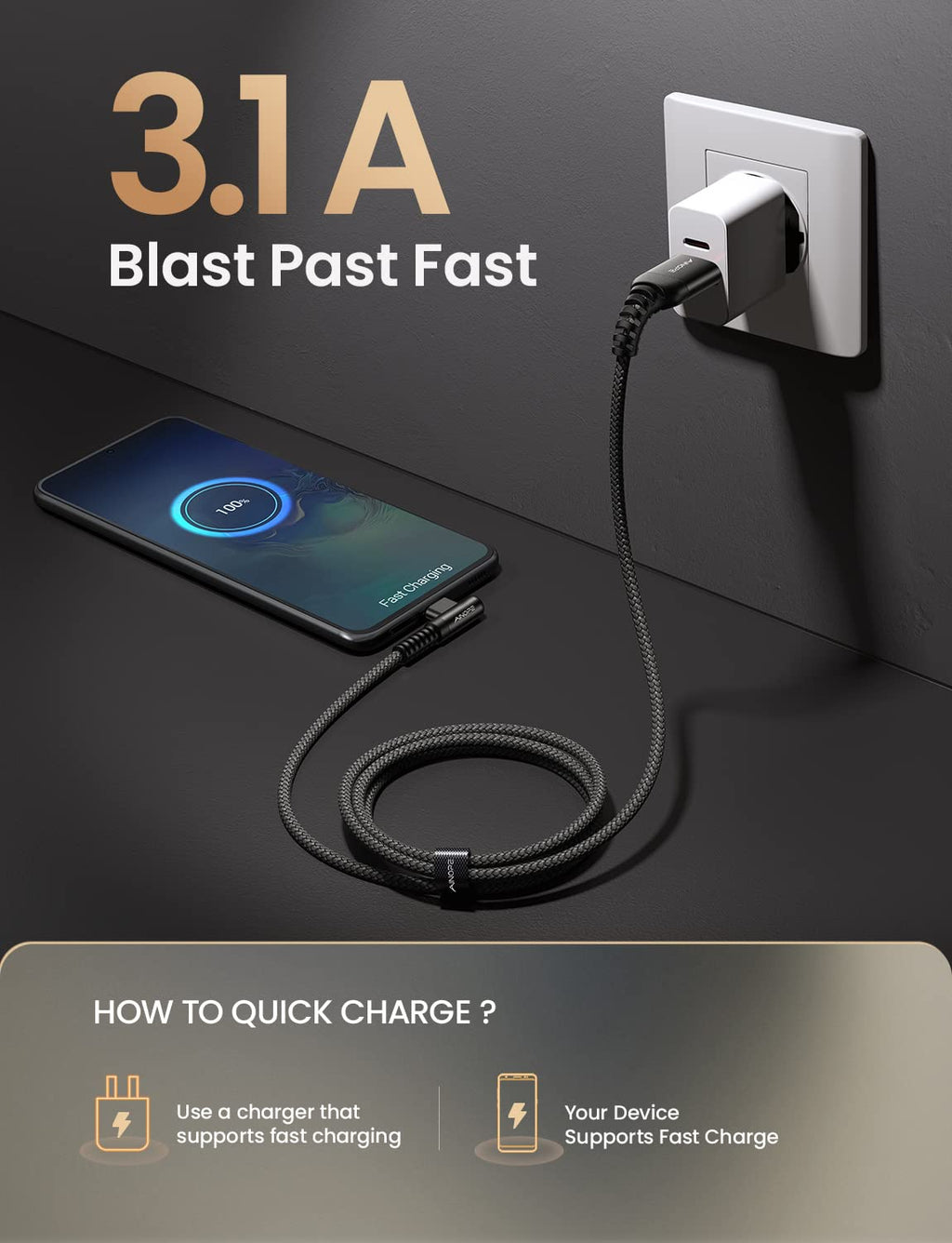 AINOPE 2-Pack 0.5ft USB C Cable, 3.1A Fast Charging, Right Angle, Durable Nylon Braided, Compatible with Galaxy S22 S21 Plus S20, Note 10 9 LG, Type C Charger